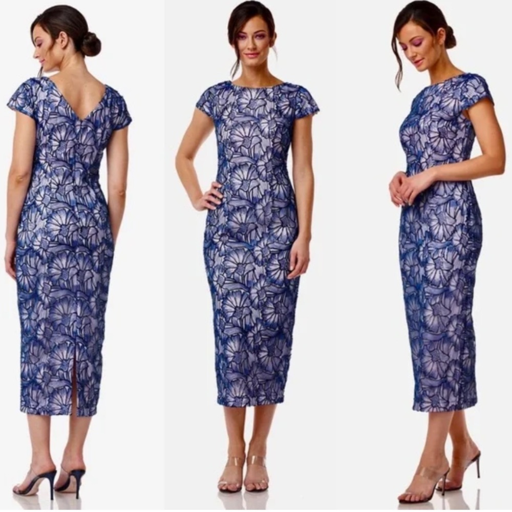 JS Collections Lena Navy and Lavender Floral Tea Length Dress